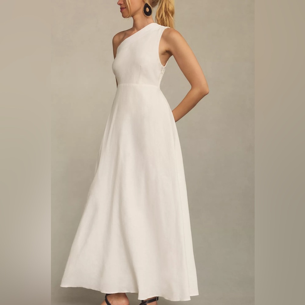 Anthropologie x Farm Rio One-Shoulder Smocked A-Line Maxi White Dress Women’s M